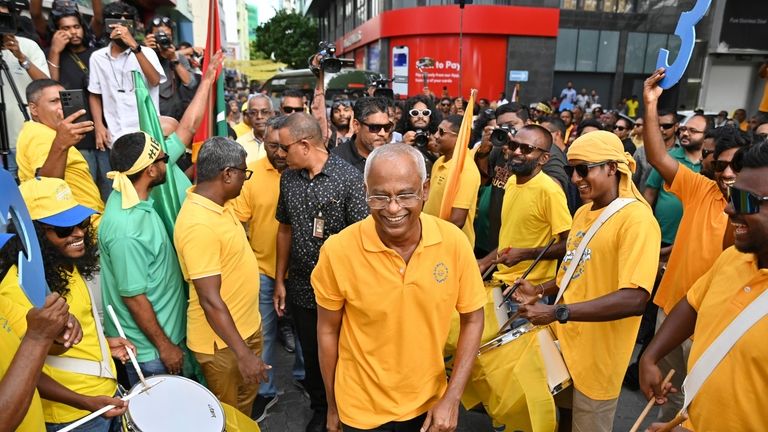 Maldives' incumbent President Ibrahim Mohamed Solih, participates in a rally...