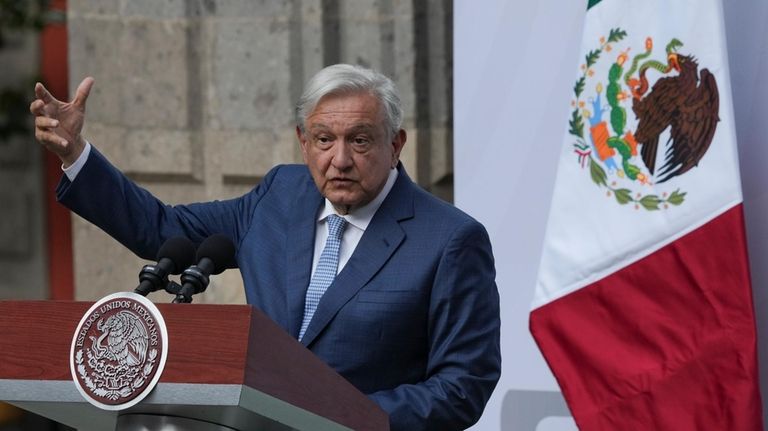 President Andrés Manuel López Obrador speaks during a flag ceremony...