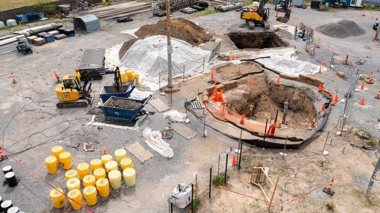 Work underway at the former Grumman site in Bethpage in May after...