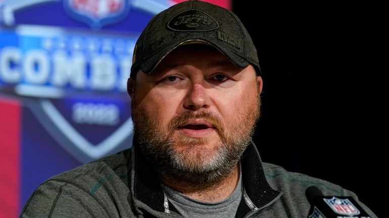 Jets general manager Joe Douglas speaks during a press conference...