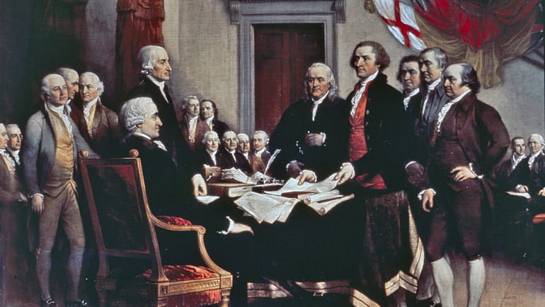 A painting of the Declaration of Independence being signed, by...