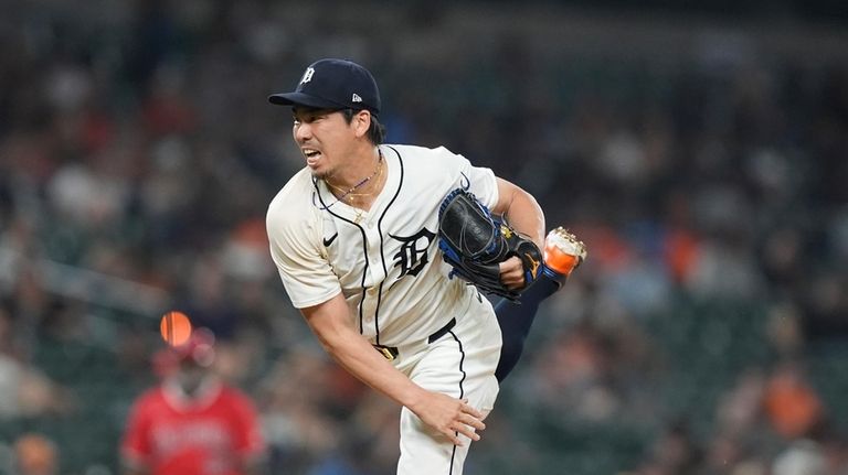 Detroit Tigers pitcher Kenta Maeda throws during the third inning...