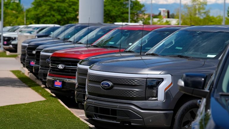 A line of unsold 2024 F150 and Lightning electric pickup...