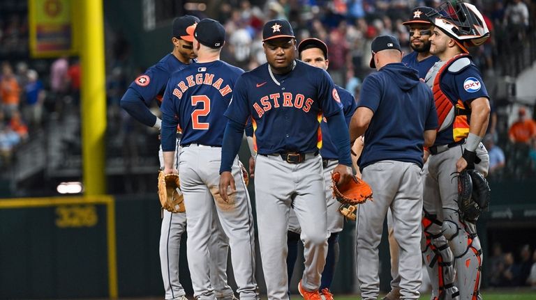 Houston Astros Framber Valdez is pulled in the ninth inning...