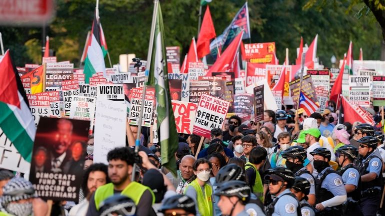 Protesters march during a demonstration near the Democratic National Convention...