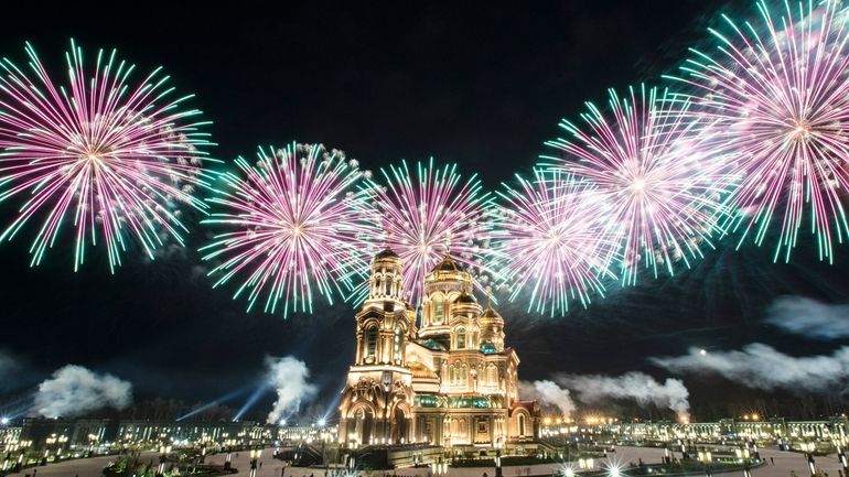 Fireworks explode over the Cathedral of Russian Armed Forces at...