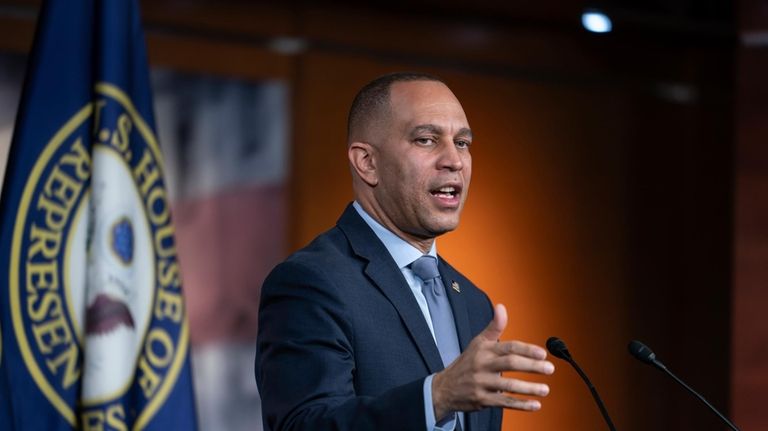 House Minority Leader Hakeem Jeffries, D-N.Y., meets with reporters during...