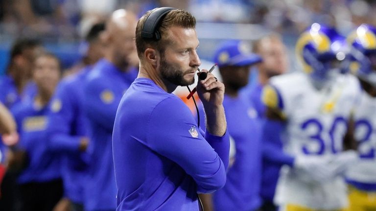 Los Angeles Rams head coach Sean McVay watches against the...