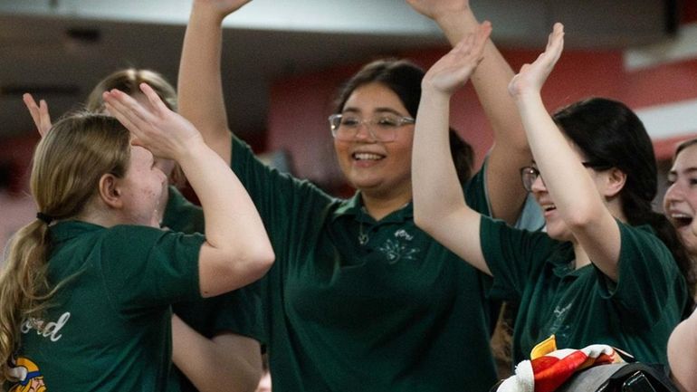 Megan Reder of Seaford reacts during the NYSPHSAA bowling championships...