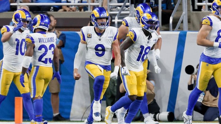 Los Angeles Rams quarterback Matthew Stafford (9) celebrates a touchdown...