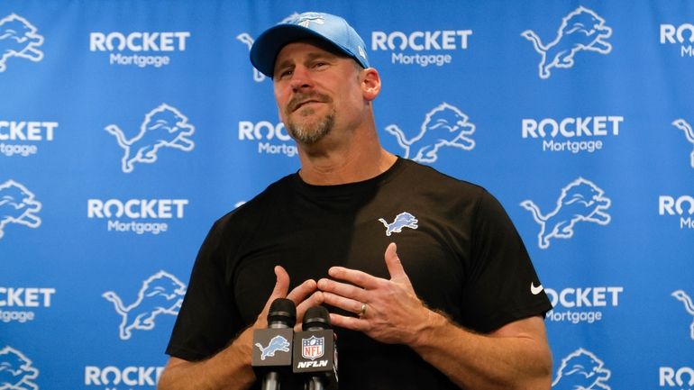 Detroit Lions head coach Dan Campbell speak to the media...