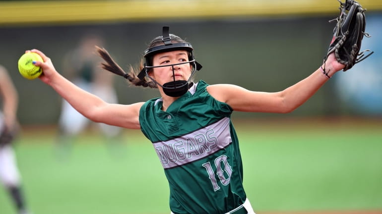Bellmore JFK's Lia Fong pitches in the Nassau Class AA softball...