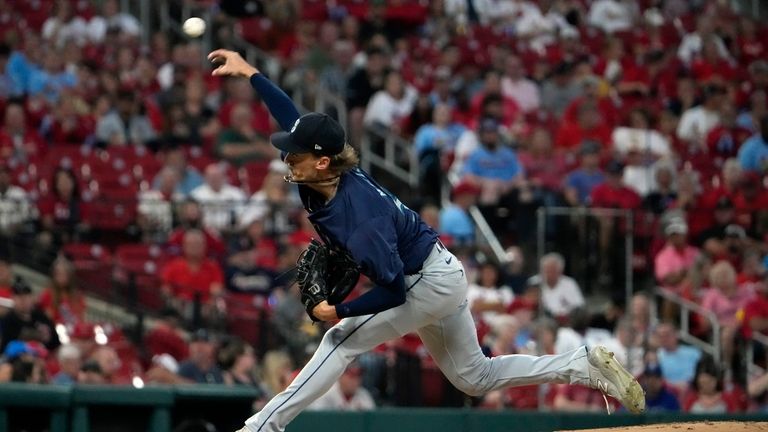 Seattle Mariners starting pitcher Bryce Miller throws during the first...