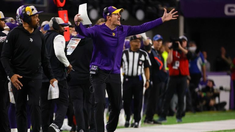 Minnesota Vikings head coach Kevin O'Connell reacts to a call...