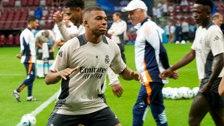 Real Madrid's Kylian Mbappe attends a training session ahead of...