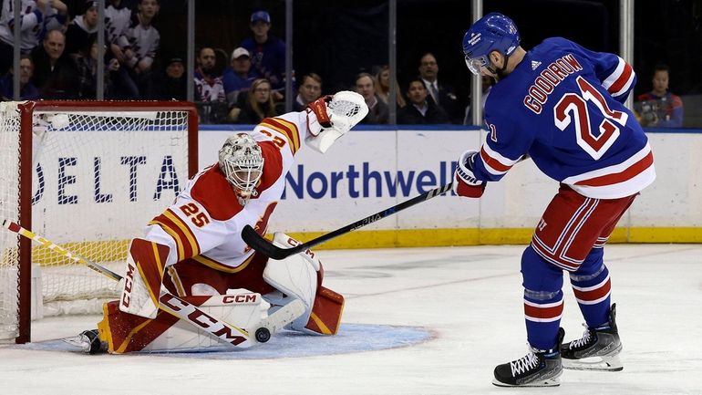 Barclay Goodrow of the Rangers is stopped on a third period scoring...