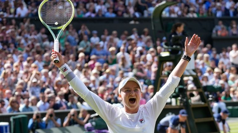 Barbora Krejcikova of the Czech Republic celebrates after defeating Jasmine...