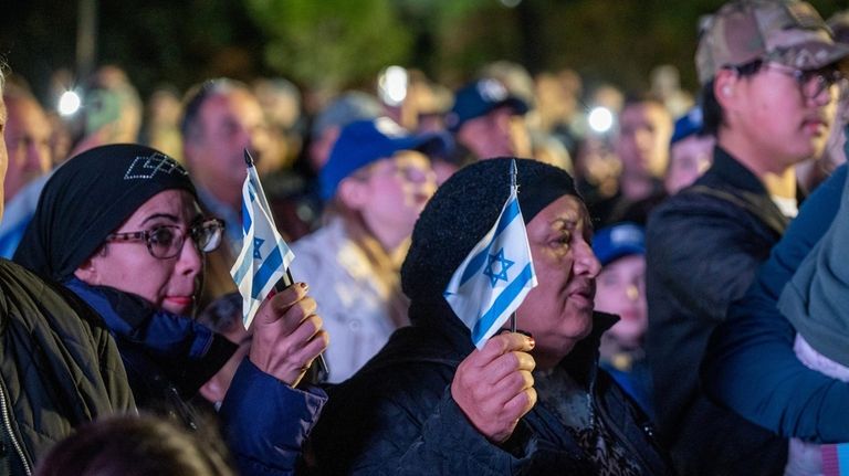 Demonstrators rally in Village Green Park in Great Neck on Sunday...