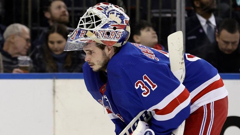 Igor Shesterkin of the Rangers looks on during the second period against...