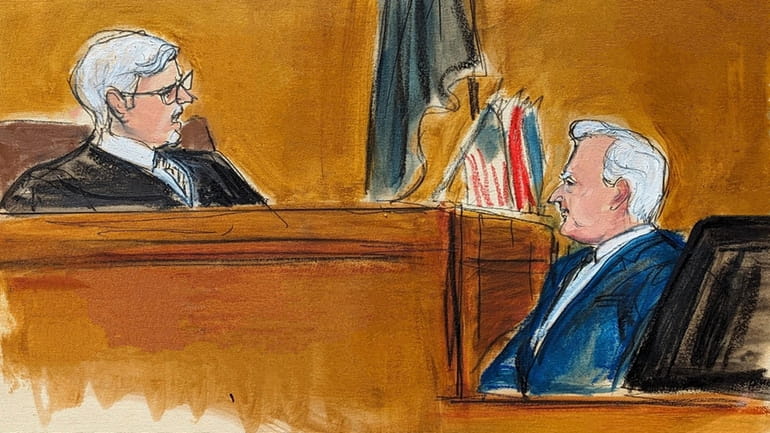 Judge Juan Merchan, left, castigates witness Robert Costello about his...