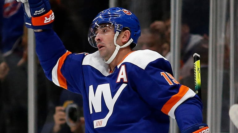Cal Clutterbuck of the Islanders celebrates his second-period goal against the...