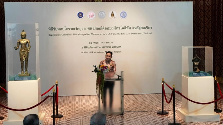 Thailand Culture Minister Sudawan Wangsuphakijkosol talks to media during a...