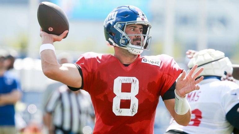 Giants quarterback Daniel Jones throws during training camp in East Rutherford,...