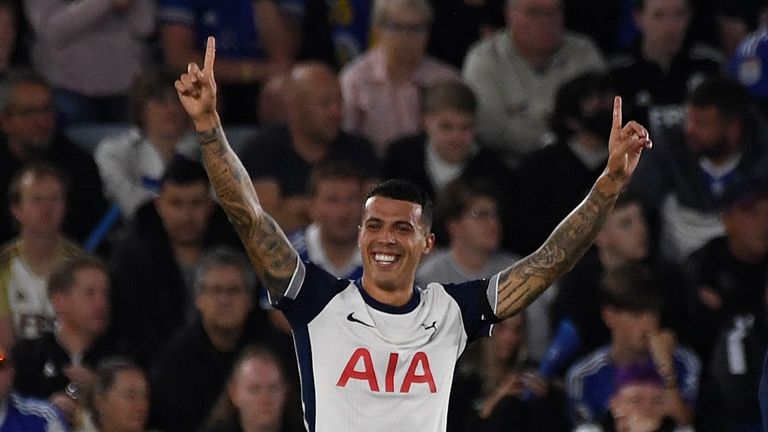 Tottenham's Pedro Porro celebrates scoring his side's first goal during...