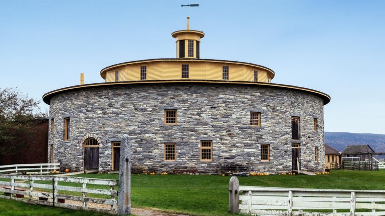 Shaker round stone barn at Hancock Shaker Village in Massachusetts. 