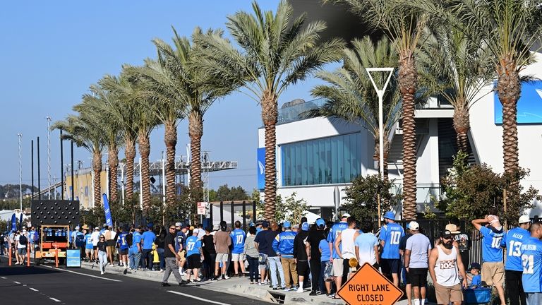 Los Angeles Chargers fans line up outside "The Bolt" training...