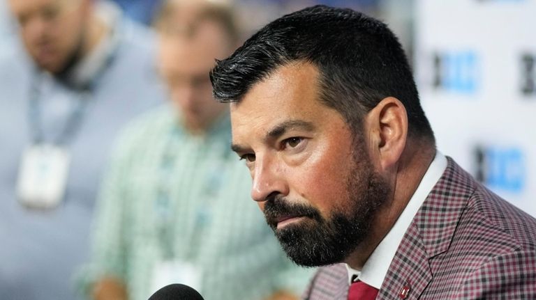 Ohio State head coach Ryan Day speaks during an NCAA...