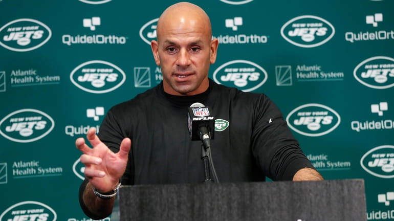 Jets head coach Robert Saleh speaks during a news conference...