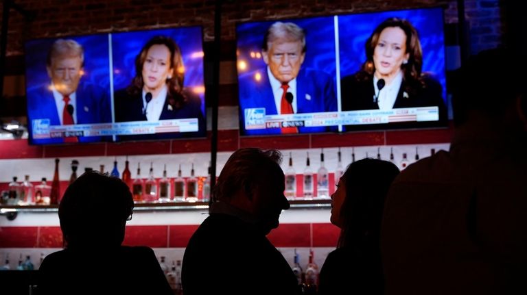 Viewers gather to watch a debate between Democratic presidential nominee...