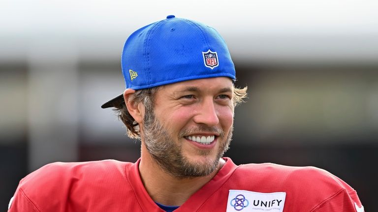 Los Angeles Rams quarterback Matthew Stafford looks on during an...