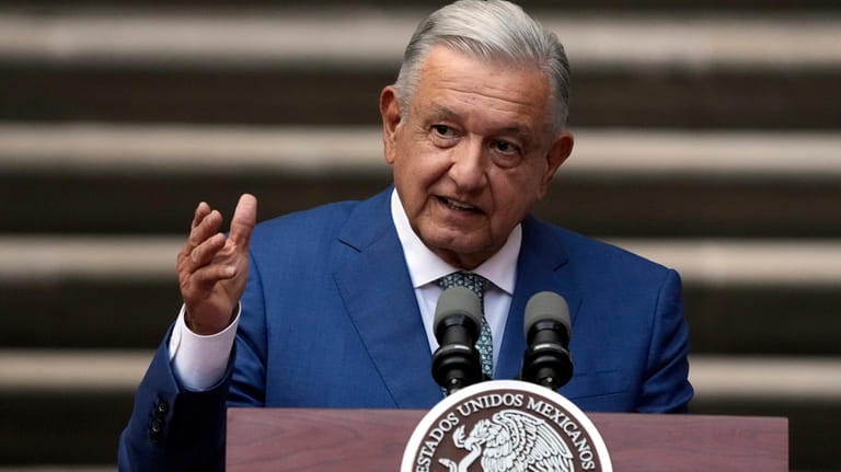Mexican President Andres Manuel Lopez Obrador speaks at the National...