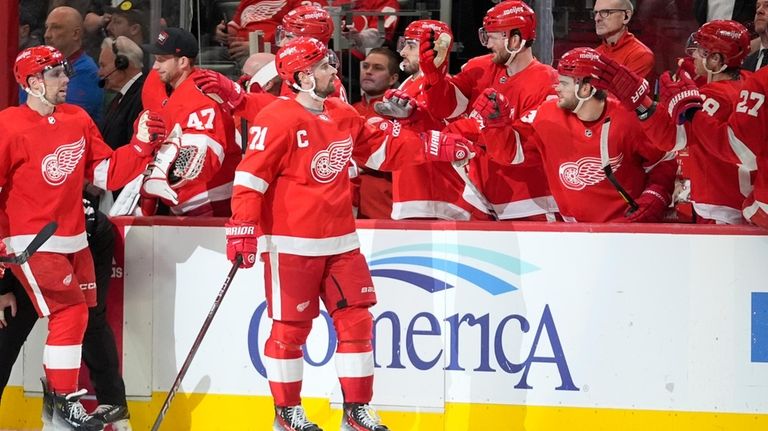 Detroit Red Wings center Dylan Larkin (71) celebrates his goal...