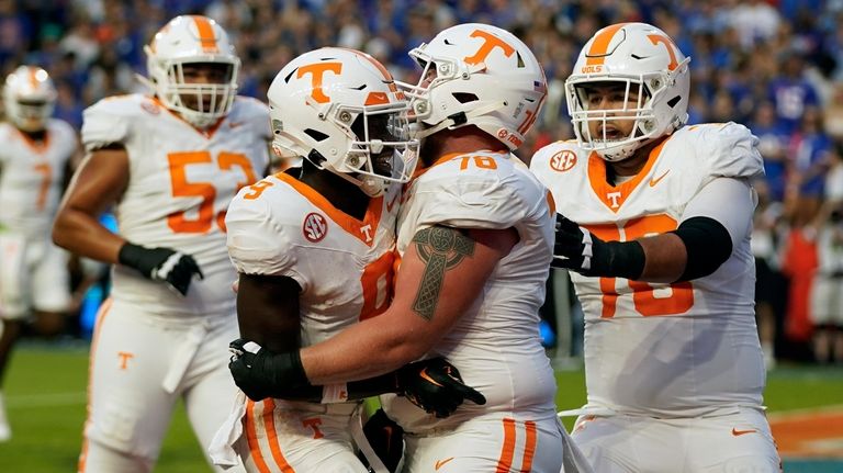 Tennessee wide receiver Ramel Keyton, second from left, celebrates his...