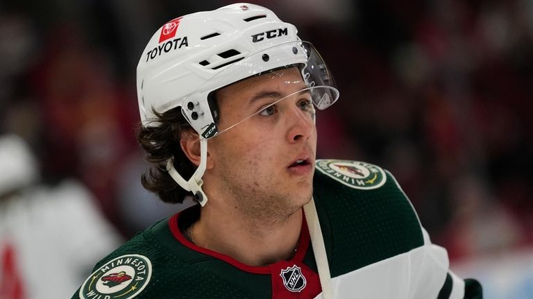 Minnesota Wild defenseman Brock Faber before an NHL hockey game...