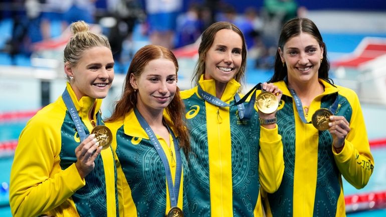 Australia's Shayna Jack, Mollie O'Callaghan, Emma Mckeon and Meg Harris,...