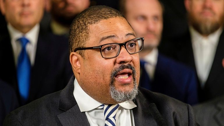 Manhattan District Attorney  Alvin Bragg speaks during a news conference...