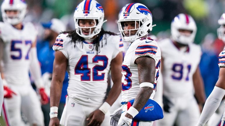 FILE -Buffalo Bills cornerback Siran Neal (33) looks on with...