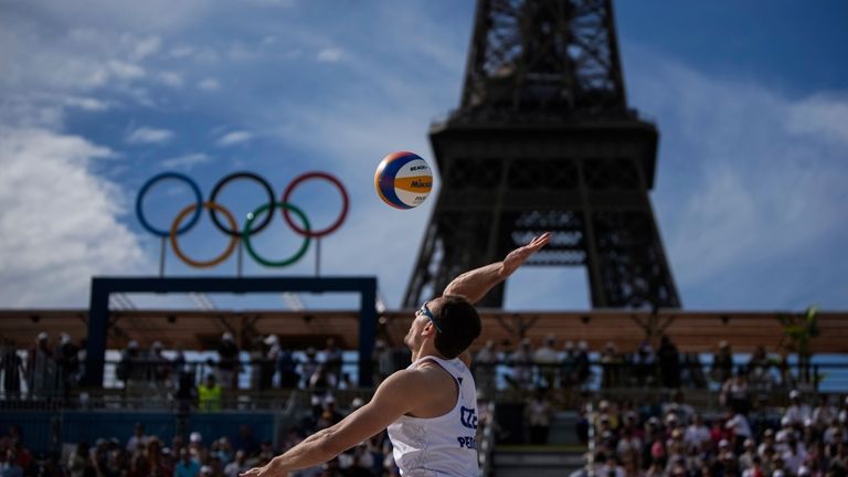 Czech Republic's Ondrej Perusic serves during the men's pool E...