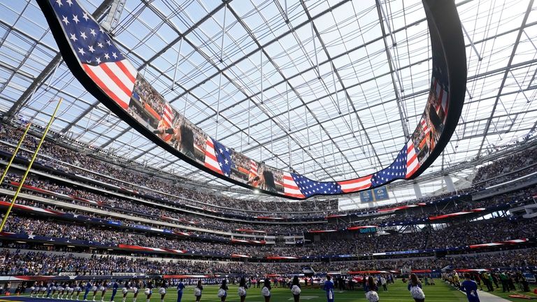 National anthem wide angle cheerleaders Los Angeles Rams SoFi Stadium...