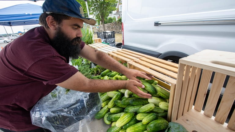 Connor Sallaberry sells vegetables from his upstate Stoneberry Farm at...