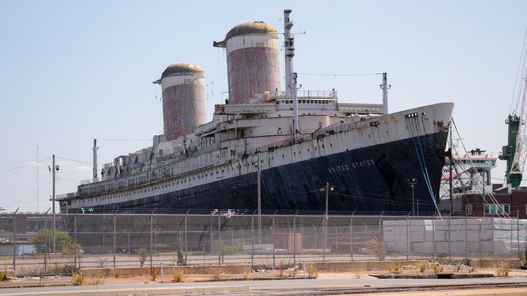 The S.S. United States is moored on the Delaware River...