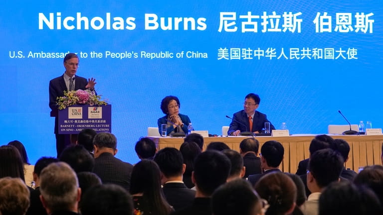 U.S. Ambassador to China Nicholas Burns delivers his remarks at...