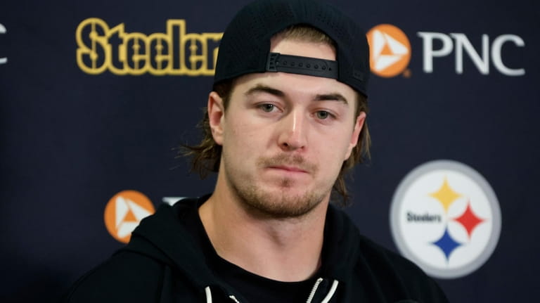 Pittsburgh Steelers quarterback Kenny Pickett speaks during a news conference...