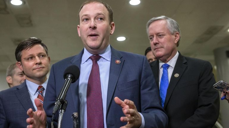 Rep. Lee Zeldin (R-Shirley) speaks to reporters.