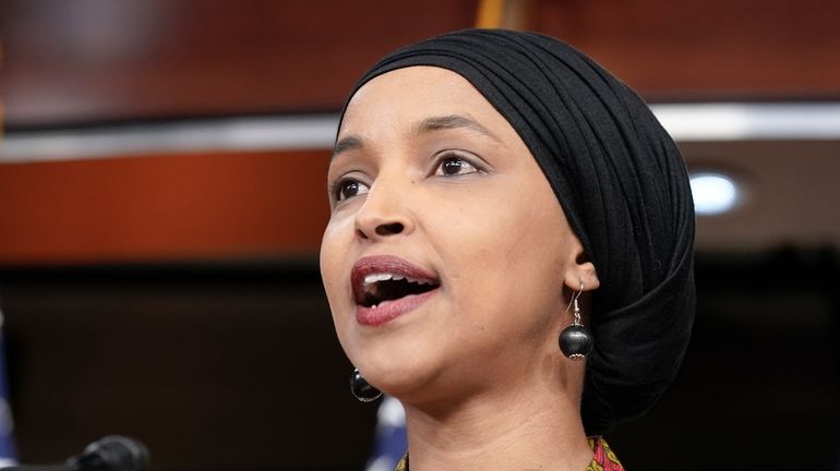 Rep. Ilhan Omar, D-Minn., speaks May 24, 2023, on Capitol...