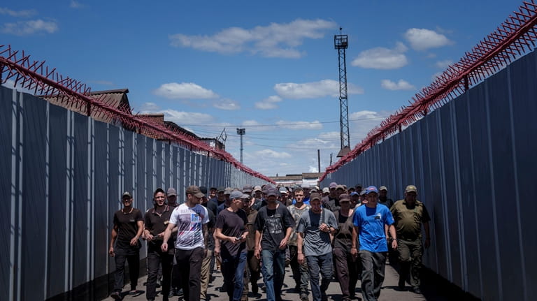 Prisoners go to lunch in a prison, in the Dnipropetrovsk...